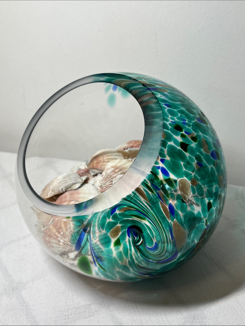 Hand-blown glass globe terrarium
swirled blue and green tone
Rare!